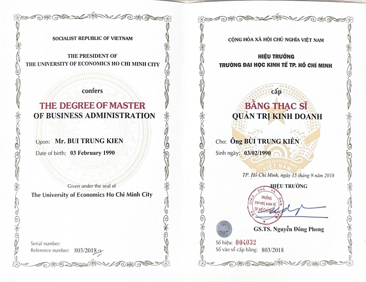 Chứng nhận chuyên môn của Bùi Trung Kiên